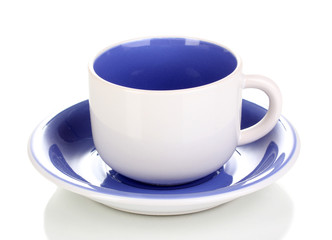 White-blue cup and saucer isolated on white