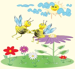 Küchenrückwand glas motiv Süße Cartoon-Bienen auf der Blume © Blondinka89
