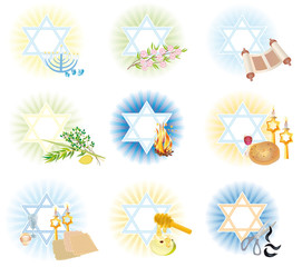 Set is 9 symbols icons of the Jewish holidays