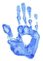 bright blue handprint on white background