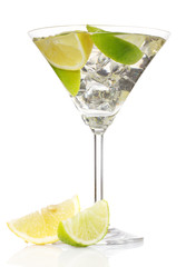 cocktail with ice, lemon and green lime isolated on white