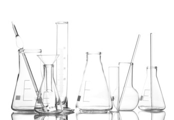 Empty laboratory glassware with reflection isolated on white