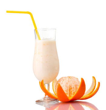 Bunch of bananas and milk cocktail isolated on white