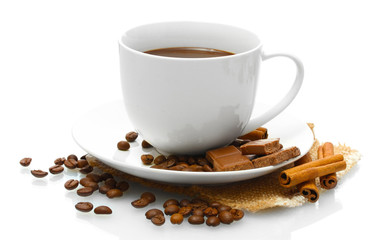 cup of coffee and beans, cinnamon sticks and chocolate isolated