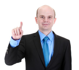 business man in a suit pointing on a screen isolated on white