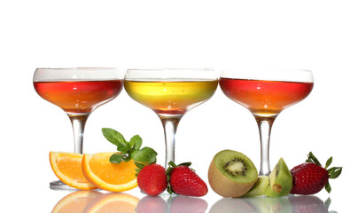 fruit jelly in glasses and fruits isolated on white