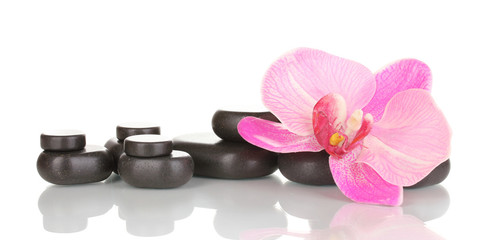 Fototapeta na wymiar Spa stones with orchid isolated on white