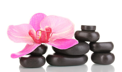 Obraz na płótnie Canvas Spa stones with orchid flower isolated on white