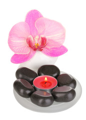 Obraz na płótnie Canvas Spa stones with orchid flower and candle isolated on white