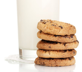 Glass of milk and cookies isolated on white