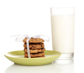 Glass of milk and cookies isolated on white