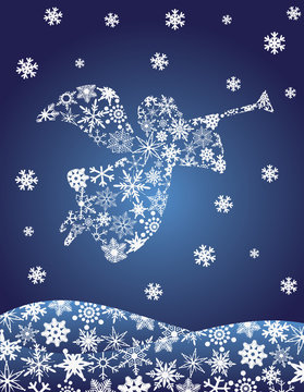 Angel with Trumpet Silhouette with Snowflakes Illusrtation