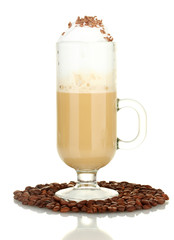 glass of coffee cocktail with coffee beans isolated on white