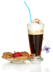 coffee cocktail with sweets and flower isolated on white