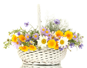 bouquet of wildflowers in basket isolated on white