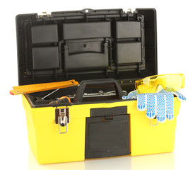 yellow tool box isolated on white close-up