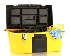 yellow tool box isolated on white close-up