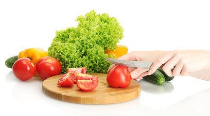 woman hands making salad isolated on white