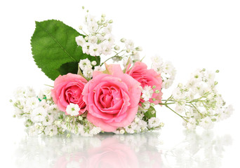 Pink roses in bouquet isolated on white