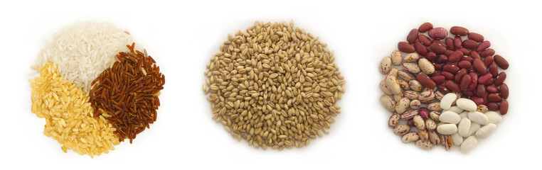 wheat, rice and beans in the circles isolated over white