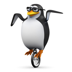 3d Penguin in glasses on unicycle