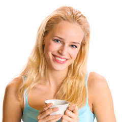 Woman drinking coffee, isolated