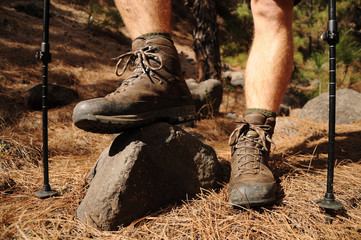 Hiking man with trekking boots on the trail