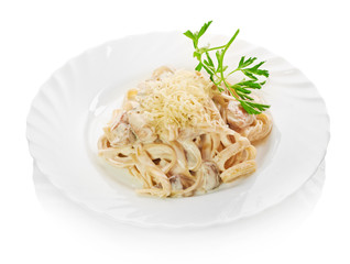 plate of pasta and smoked salmon with tomato