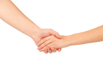 Shaking hands of two people, man and woman, isolated on white.