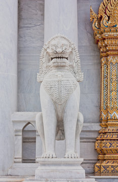 Marble Leo statue in  Buddist temple,  Bangkok, Thailand