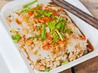 Chinese style roll noodle, pour with soy sauce