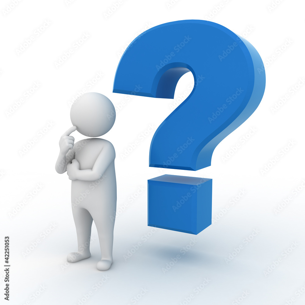 Poster man with blue question mark on white background