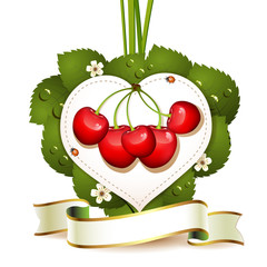 Ripe cherry over heart background with leafs and flowers