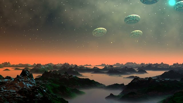UFO in the sky of a fantastic planet