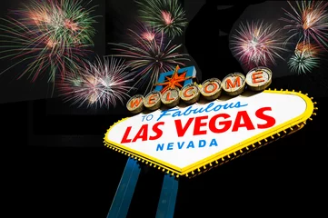 Poster Welcome to Las Vegas Sign with fireworks © somchaij