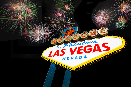 Welcome to Las Vegas Sign with fireworks