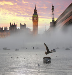 Big Ben with foggy morning in London, UK