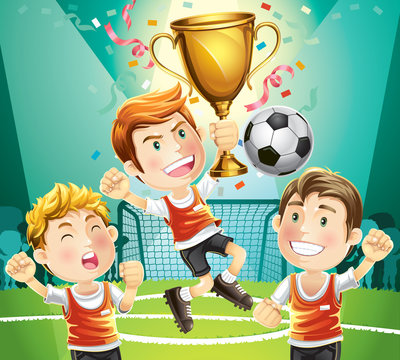 Children Soccer champion with winners trophy. cartoon character