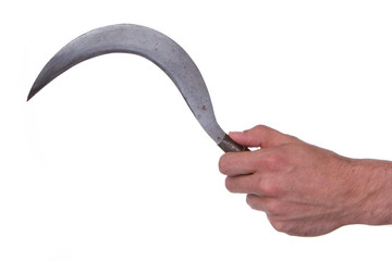 Man holding a rusted sickle