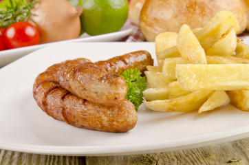 grilled sausages with french fries