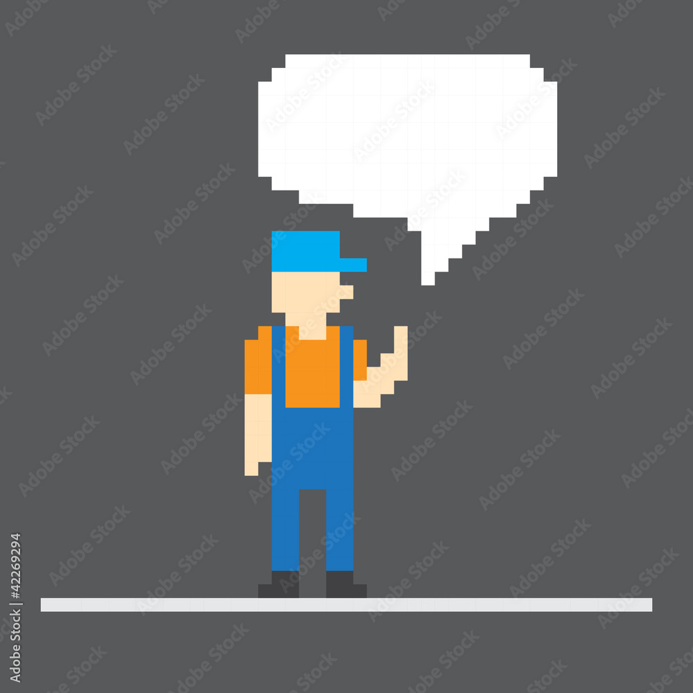 Aufkleber Pixel worker with speech cloud. Template foe a text