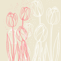 Abstract floral illustration with tulips on beige background. - obrazy, fototapety, plakaty