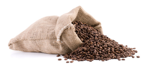 Burlap sack full of coffee beans isolated on white