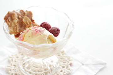 Ice cream and frozen berry with almond cookie