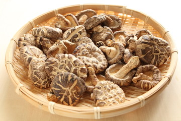 Chinese dried mushroom on bamboo basket