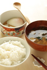 Japanese breakfast, rice and miso soup with egg