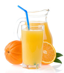orange juice in glass and slices isolated on white