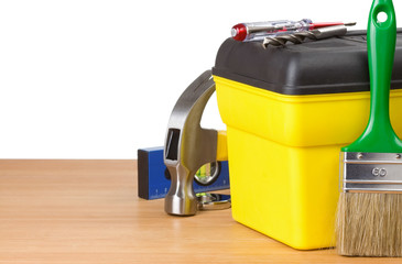 toolbox and construction tools isolated on white