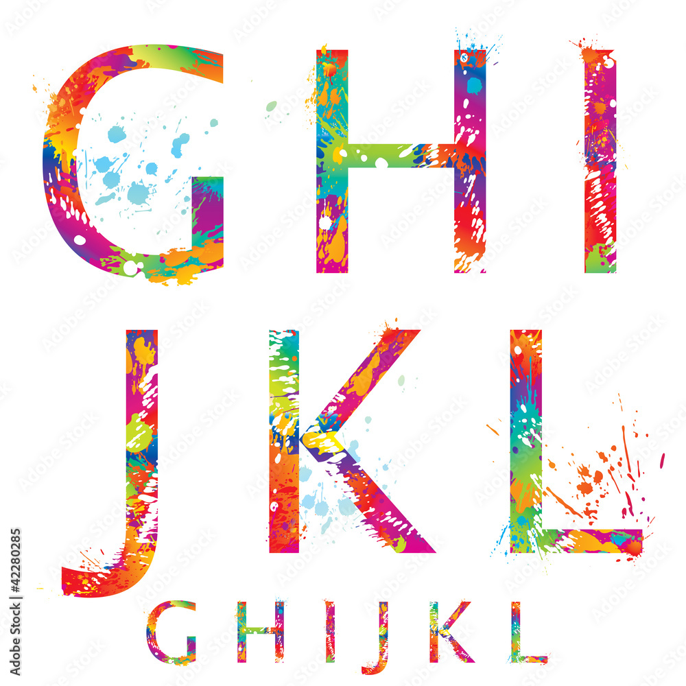 Fototapete font - colorful letters with drops and splashes from g to l