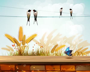 Wall murals Birds, bees Landscape with brick wall and wheat
